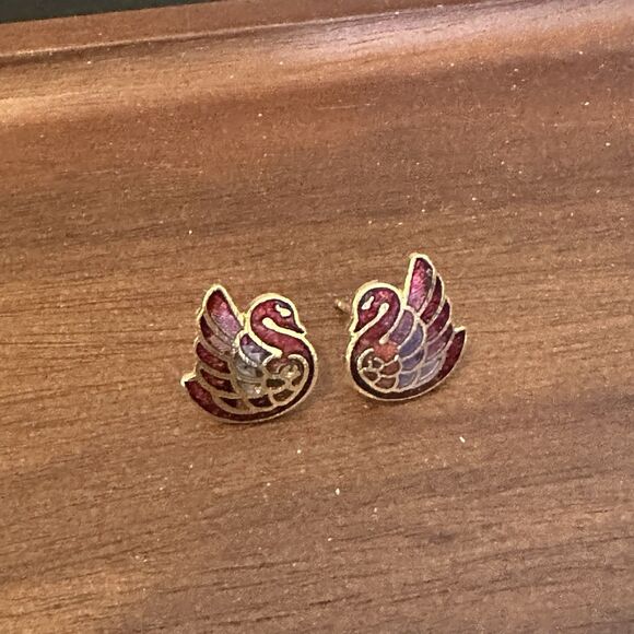 Vintage Cloisonne Enamel Swan Pierced Earrings Bird Dainty Multicolored Red Gold - Picture 3 of 5